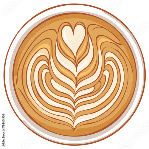 Decorative coffee latte art pattern in a white cup, stylized illustration