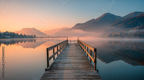 Wallpaper Mural Wooden pier extending into calm lake with mountains and fog at sunrise Torontodigital.ca
