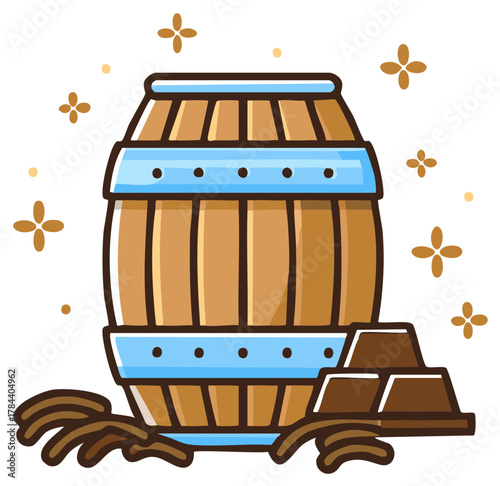 Illustration of a Wooden Barrel with Chocolate Bars and Vanilla Beans for Flavored Food Products