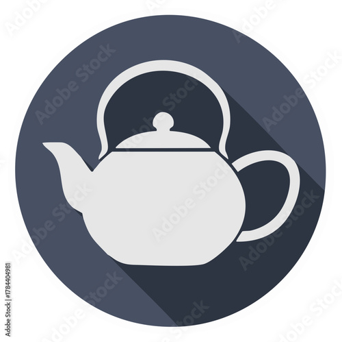 Teapot icon, white teapot with long shadow in dark blue circle.