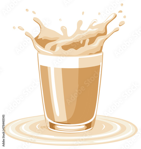 Glass with Beige Drink Splashing Above on a Saucer in a Stylized Illustration