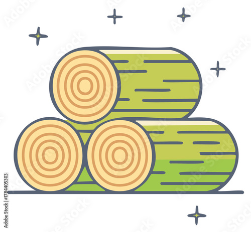 Stacked green logs with visible wood grain and sparkling accents