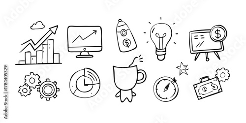 Black office icons with transparent background business