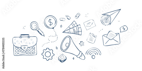 Blue Doodle Business Icons on White Background illustration