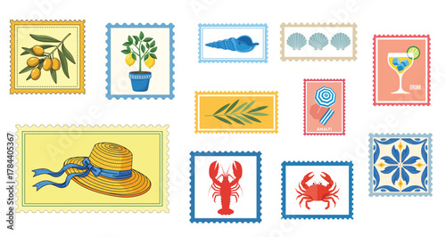 A vibrant assortment of stylized postage stamps featuring Italian summer vacation imagery like olives, lemons, seashells, and beach scenes.