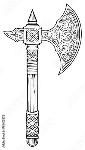 Intricate Decorative Battle Axe Vector Art with Detailed Blade Scrollwork and Pointed Spike Design