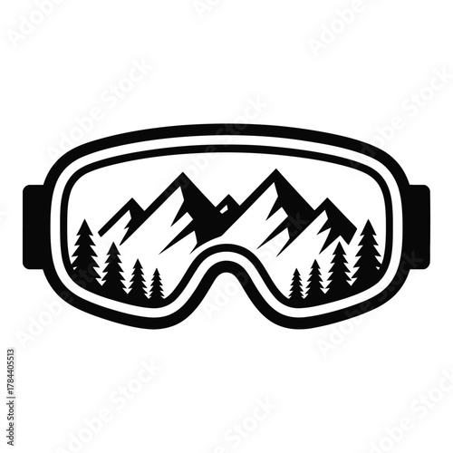Ski goggles with mountain and trees for winter sport adventure