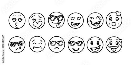 Expressive emoji doodle icons with transparent background