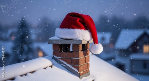 Red Santa Hat on Brick Chimney Covered in Snow During Winter Evening