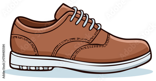Brown Leather Oxford Shoe with White Sole and Light Blue Laces in Flat Illustration Style
