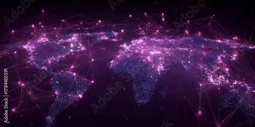 Global network of light points connects continents in outer space.