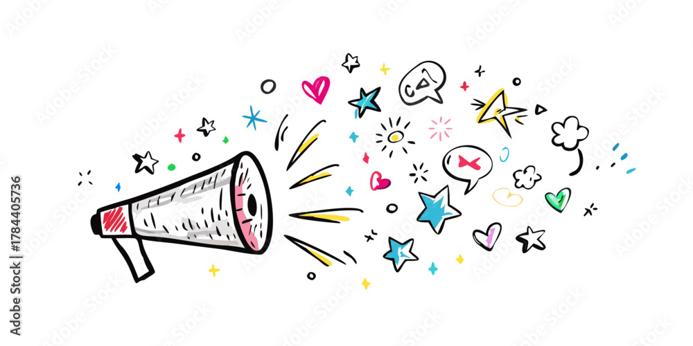 Obraz premium Hand drawn megaphone with colorful abstract shapes 1