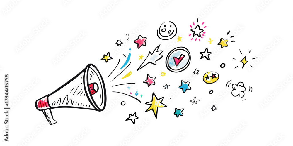Obraz premium Hand drawn megaphone with colorful stars and symbols