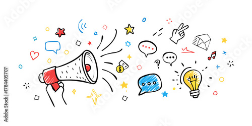 Hand drawn doodle style megaphone with lightbulb and speech bubbles