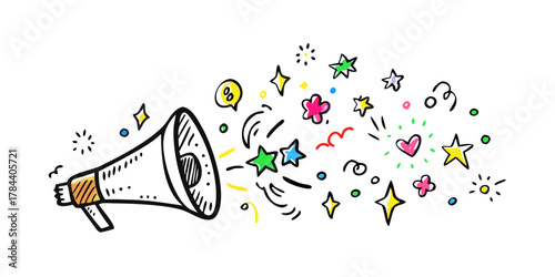 Hand drawn megaphone with colorful confetti and stars