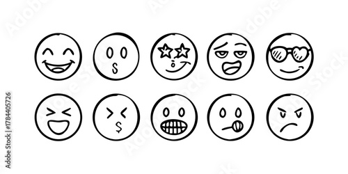 Hand drawn smiley face icons black line vector doodle