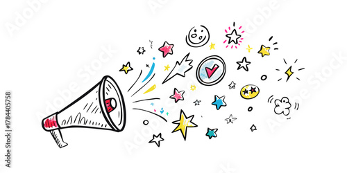 Hand drawn megaphone with colorful stars and symbols