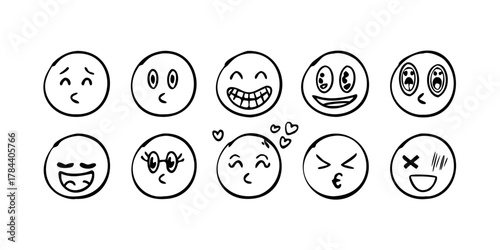 Hand drawn smiley faces black line icons doodle