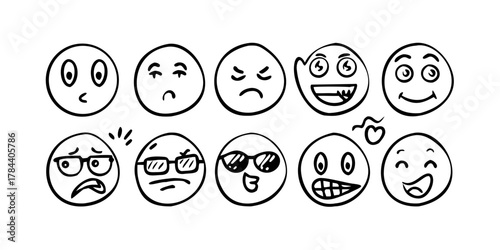 Hand drawn smiley faces icons black line vector doodle