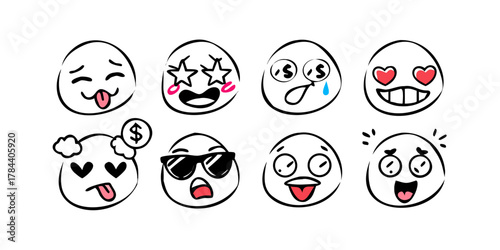 Pink and blue cartoon mouth and heart doodles with transparent background