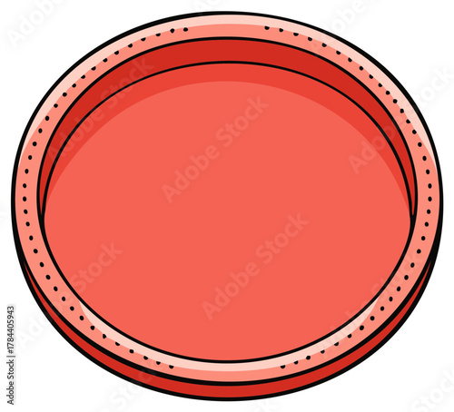 Bright coral-red frisbee disc with black border and dotted edge