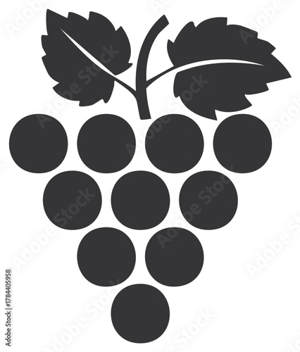 Minimalist black grape cluster icon with vine leaves for winery and food beverage design