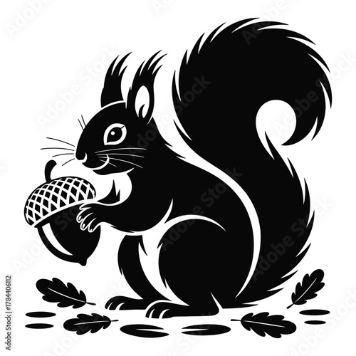 Stylized illustration of a cute squirrel holding an acorn in black