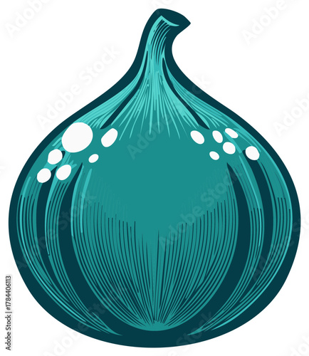 Stylized teal onion with engraved details and bright white highlights symbolizing freshness and flavor