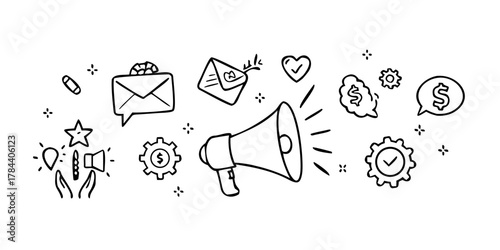 Speech bubble with megaphone and gears communication