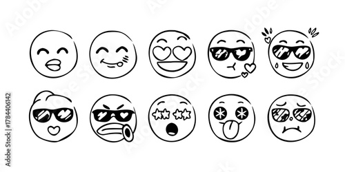 Ten cartoon emoji faces with transparent background