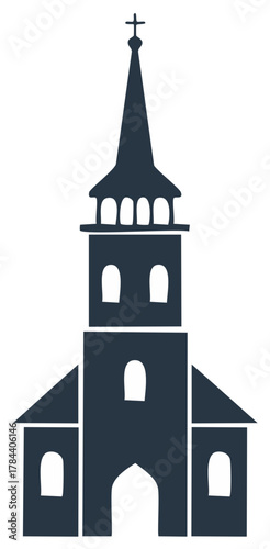 Architectural Illustration of a Christian Church Building with Tall Steeple and Religious Cross Symbol