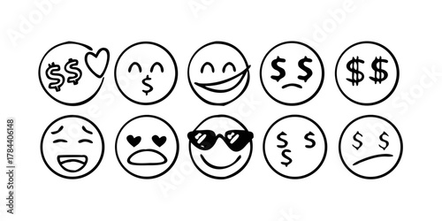Ten expressive emoji faces with dollar signs money