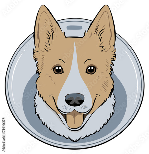 Smiling cartoon dog wearing a surgical cone of shame veterinary pet portrait