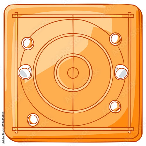 Vibrant Cartoon Illustration of Classic Carrom Board Game Layout with Pockets and Pieces