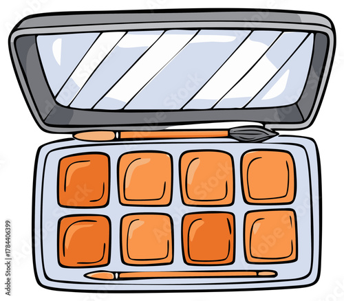 Cartoon eyeshadow palette illustration with mirror and brushes. Cosmetic beauty product for makeup.