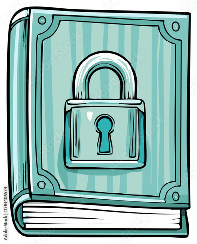 Illustrated antique book with a prominent secure lock and keyhole symbol