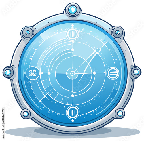Circular monitor with radar screen for tracking data in blue and white design, science fiction