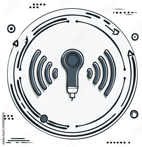Handheld ultrasound transducer emits sound waves surrounded by a circular pattern