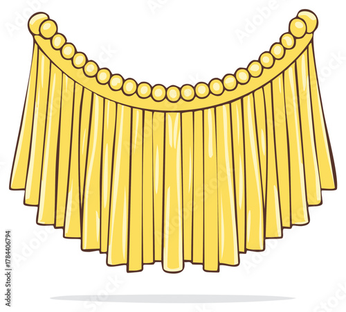 Decorative gold fabric draped over a beaded garland with soft pleats and a scalloped edge