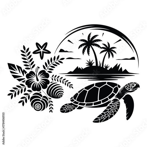 Tropical island paradise with sea turtle hibiscus and starfish illustration