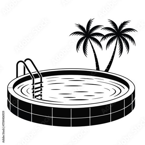 Tropical swimming pool with palm trees vector icon silhouette design