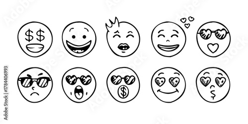 Hand Drawn Doodle Emoji Faces with Transparent Background 2