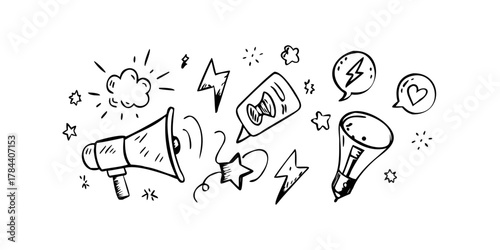 Megaphone and Speech Bubble Icons with Lightning Bolts