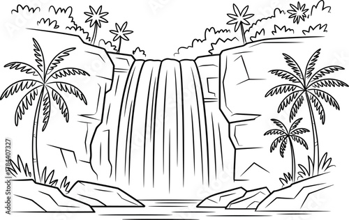 Tropical waterfall scene with palm trees and lush vegetation outline