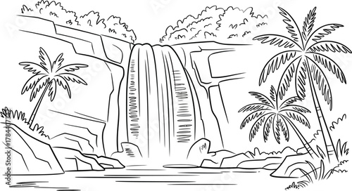 Tropical waterfall scene with palm trees and lush vegetation line art