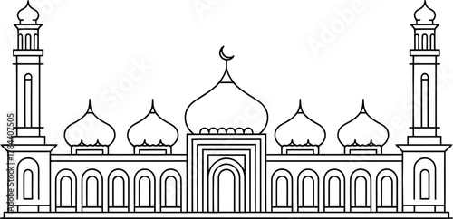 Architectural sketch of a grand mosque with domes and minarets