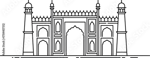 Architectural sketch of a grand historical gateway with minarets and arches