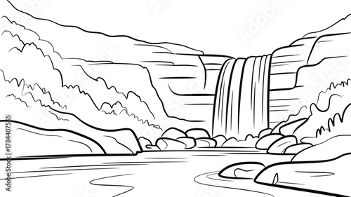 Black and white line drawing of a majestic waterfall cascading down rocky cliffs into a serene river