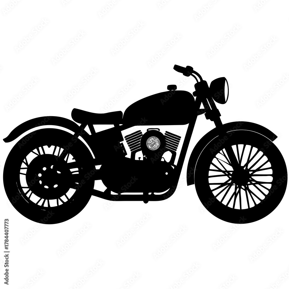Fototapeta premium Classic vintage motorcycle silhouette with detailed engine and spoked wheels on white background