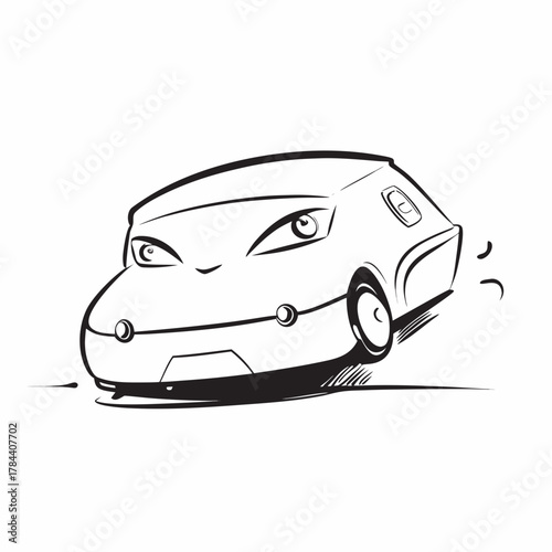 Stylized cartoon car with expressive eyes driving fast and turning on a white background